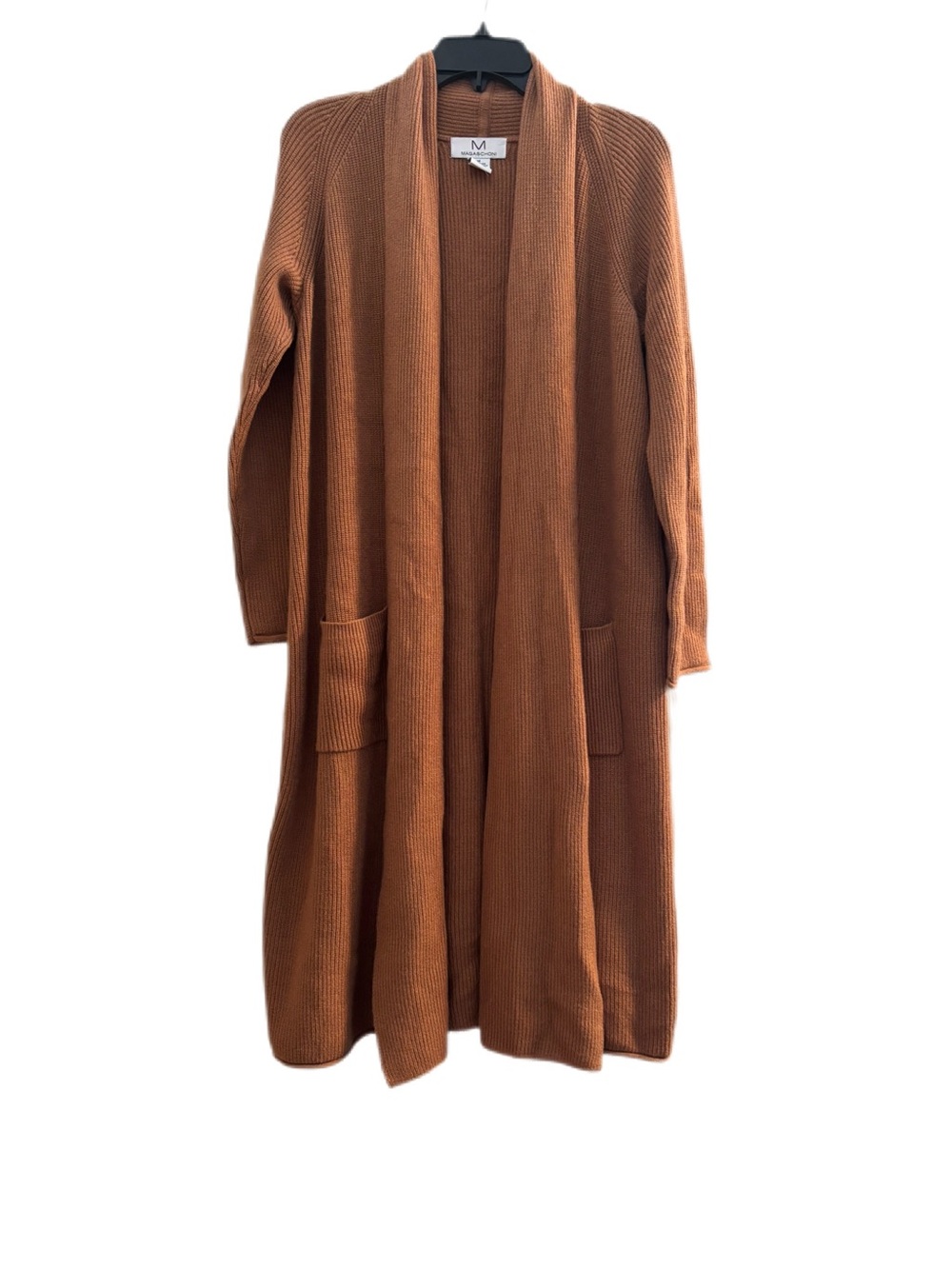 Magaschoni Ribbed Open Front Long Duster Cardigan Sweater Camel Medium